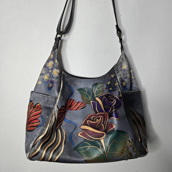 Anna Anushka Painted Hobo Bag Butterfly Roses Whimsical - Picture 1 of 14